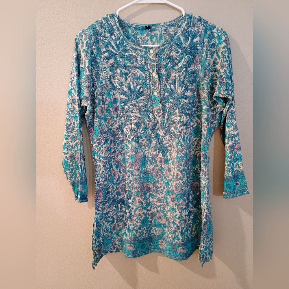 Turquoise Purple Rose Floral 100% Silk Top Tunic Blouse Embroidered Boho India S